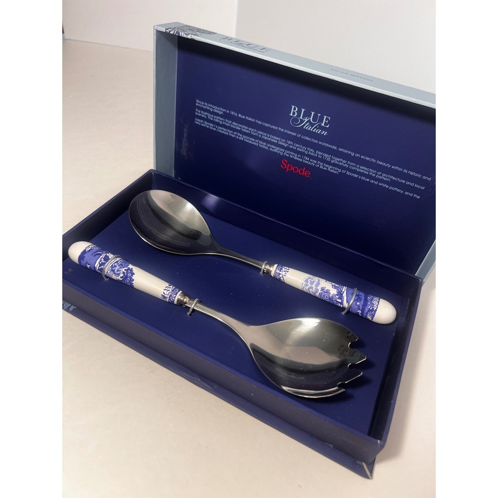 Spode Blue Italian Salad Servers Set Stainless Steel Ceramic Handles BLI1107-X